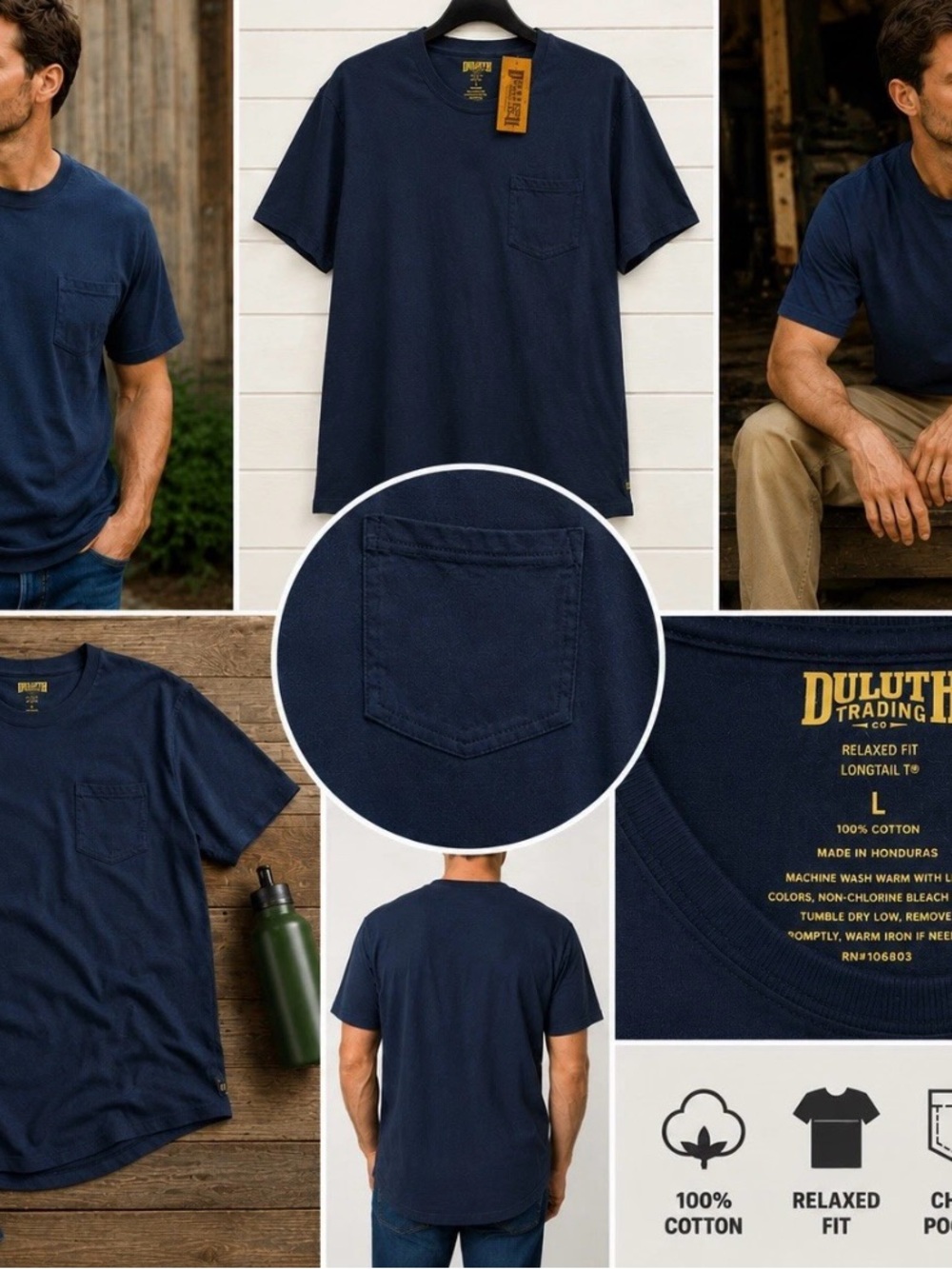 NWT Duluth Trading Co Shirt Large Blue Relaxed Fit Pocket Longtail Workwear Tee
